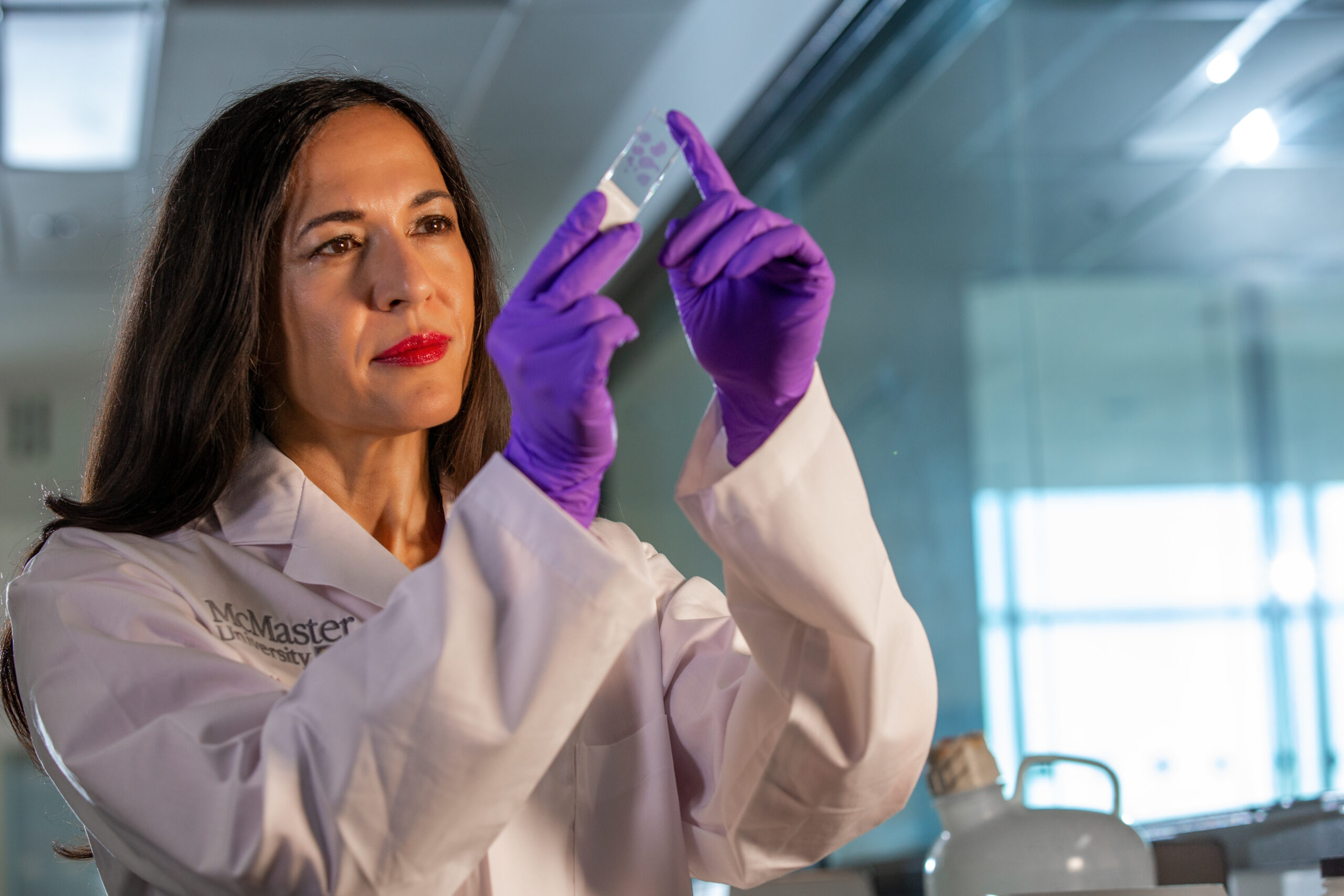 Scientist in a lab coat with purple gloves looking at a microscope slide