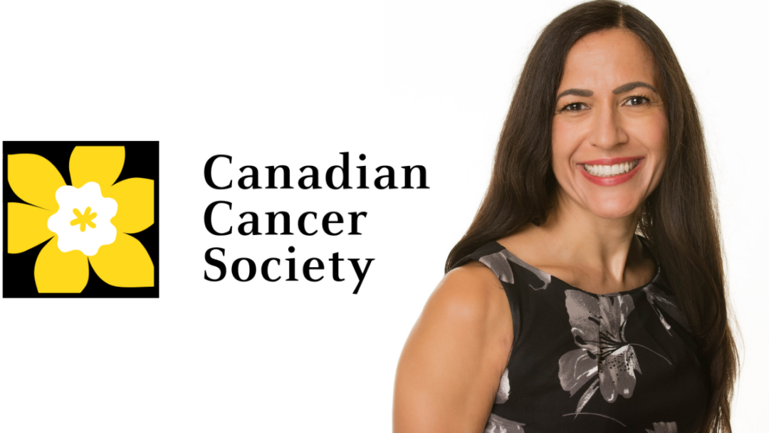 Canadian Cancer Society logo and person in black dress on white background