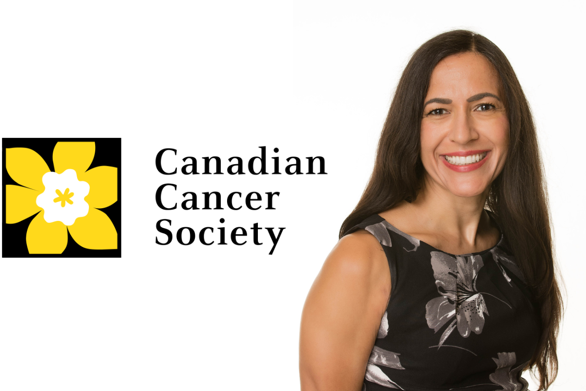 Canadian Cancer Society logo and person in black dress on white background