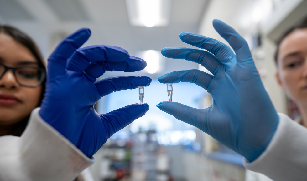 Two people in lab coats holding up specimens